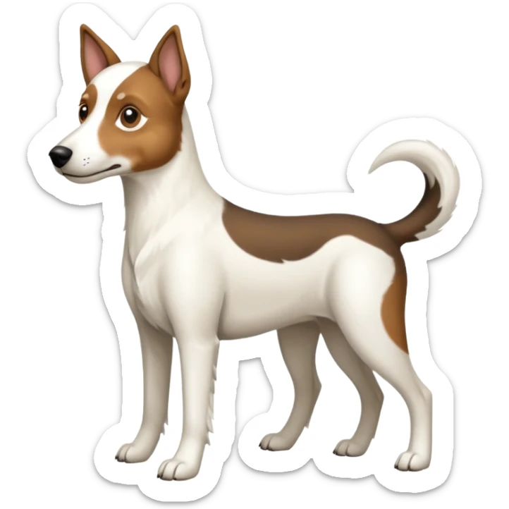 a full body large white floppy eared parson russell looking dog the size of a kelpie with light brown ears and a light brown patch on one eye and a large snout sticker