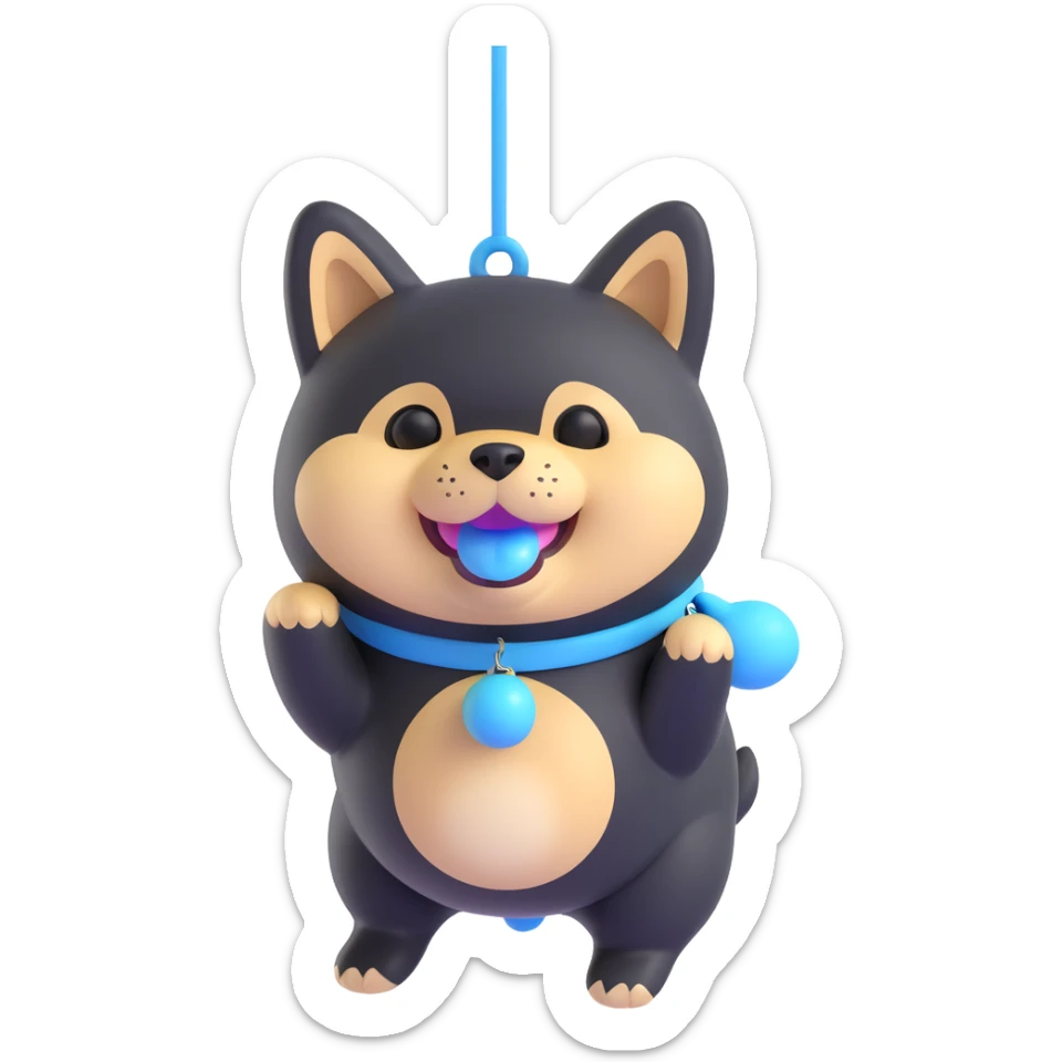 plump black shiba inu, blue bunny toy dangling from mouth, cheerful, suggestion of cheese smell sticker