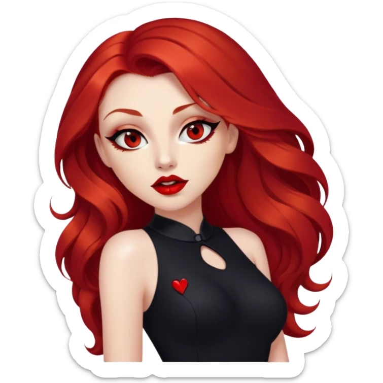 a pretty woman with long red hair and red eyes. The woman wear a black little cutted dress. She have red lipstick and she have a seductive look. She do a smack sticker