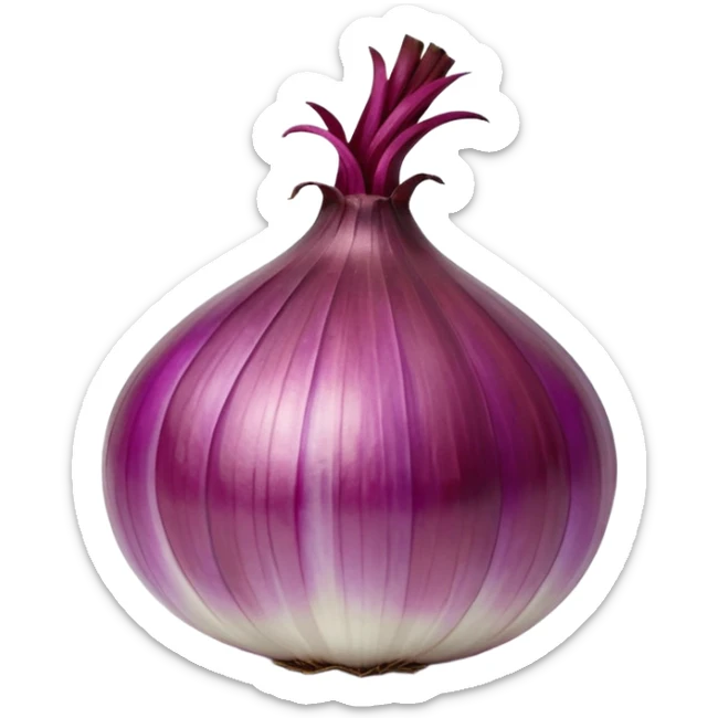 whole red onion, shiny papery outer skin, rich purplish-red tones, natural striations, dried stem, dry root strands, 3D rendered, clean minimal soft shadows, realistic lighting, no anthropomorphic features, emoji scale sticker