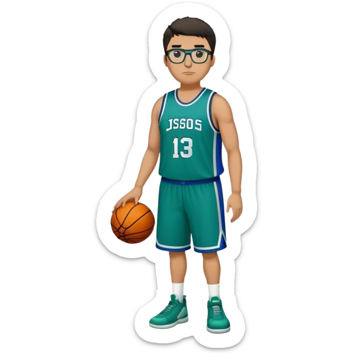 Full Body plus size tall white male with dark short hair basketball player wearing glasses wearing blue green uniform sticker