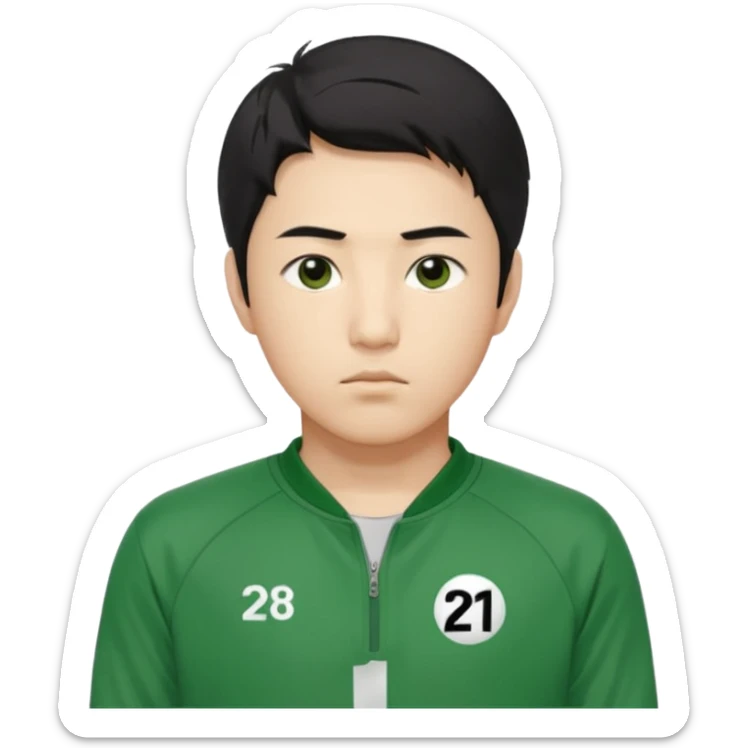 "Illustrate Cho Sang-woo (Player 218), Korean male, neat black hair, serious face, green tracksuit with number 218 bold on chest & sleeve.. sticker