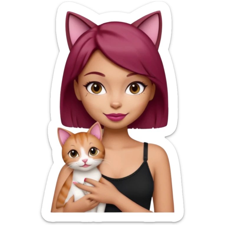 generate a pretty bratz girl with short dark red hair holding a cat smiling. Wearing a black cami sticker