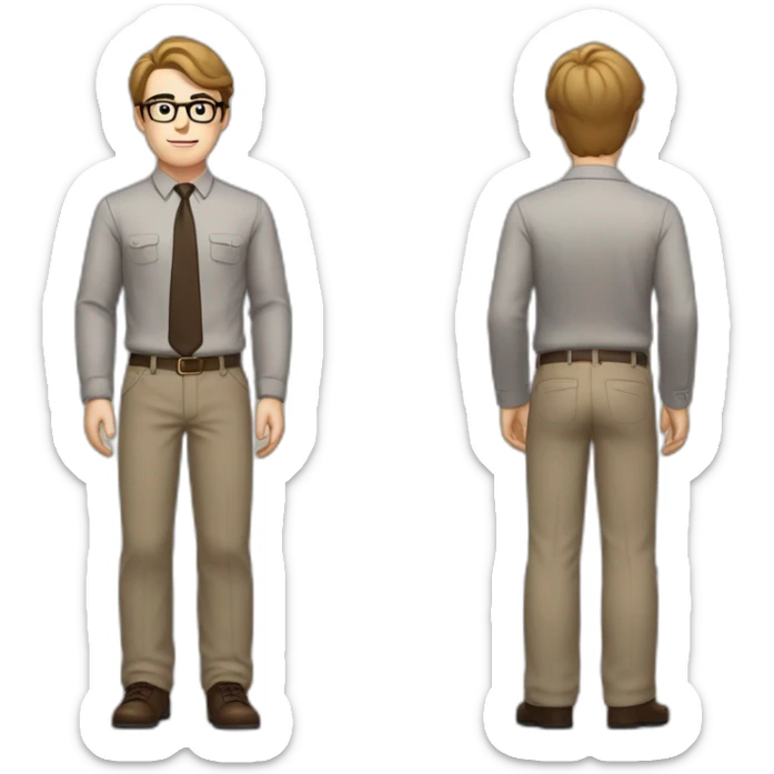 Full height Pale skinned fit man with dark brown hair in gray jacket, beige office shirt, brown tie, brown pants and vintage glasses. His right hand stretched out sticker