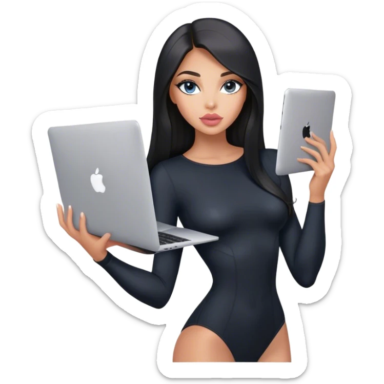 Glamours, tanned, very beautiful girl, with big pump peach-beige-rose lips, black straight smooth silky long hair, straight parting, blue-grey eyes, in black bodysuit holding MacBook sticker