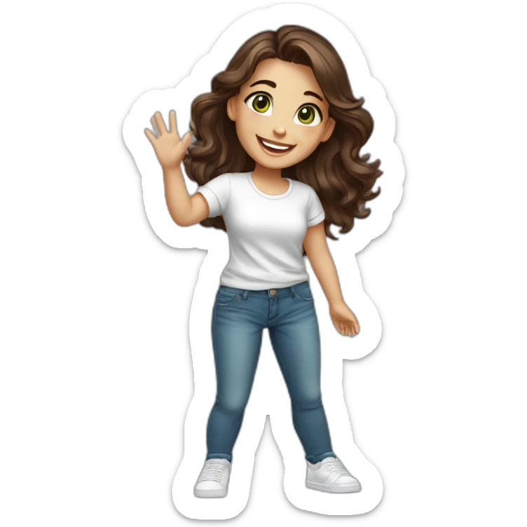 beautiful girl, white, with wavy dark brown hair, green brown eyes, smiles at the camera and waves her hand, standing, good teeth, white t shirt, blue jeans, sneakers, realistic drawing sticker