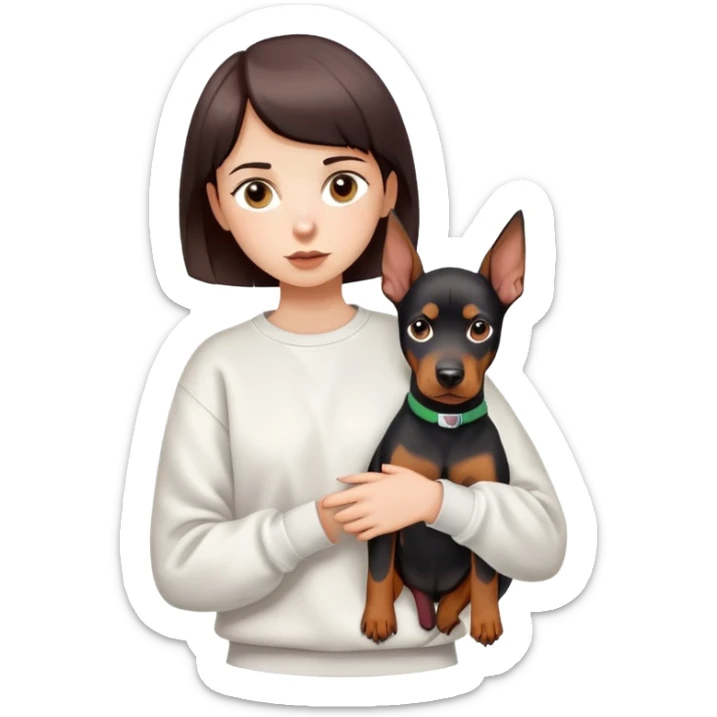 A short-haired girl in a white sweatshirt is holding a big Doberman dog sticker