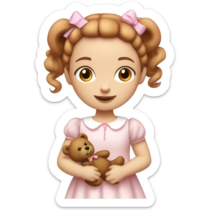 Little Girl with White skin, blue eyes. Light brown and red hair in two ponytails, with light pink bows.  She is wearing a light pink and White dress, standing and holding a teddybear with a pink bow. sticker