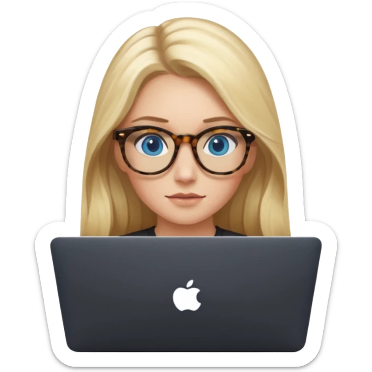 long blonde hair woman blue eyes on mac lap top with tortoise shell print glasses with black shirt sticker