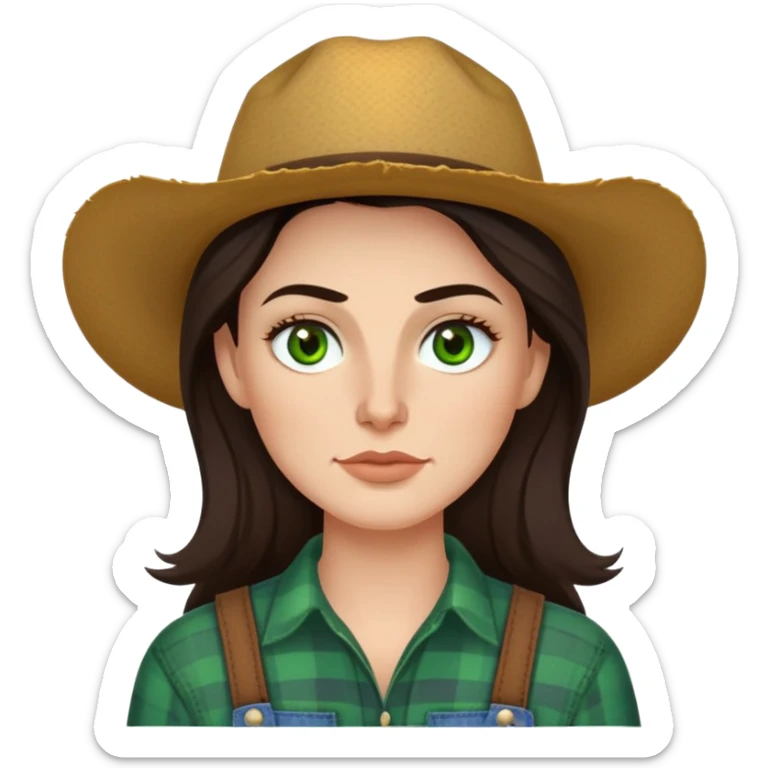 Me  a white woman with long dark brown hair green eyes and high cheek bones and thin top lip and big bottom lip and a mole on my left side of my chin very thin eyebrows with a scar on the right eyebrow and a farmer sticker