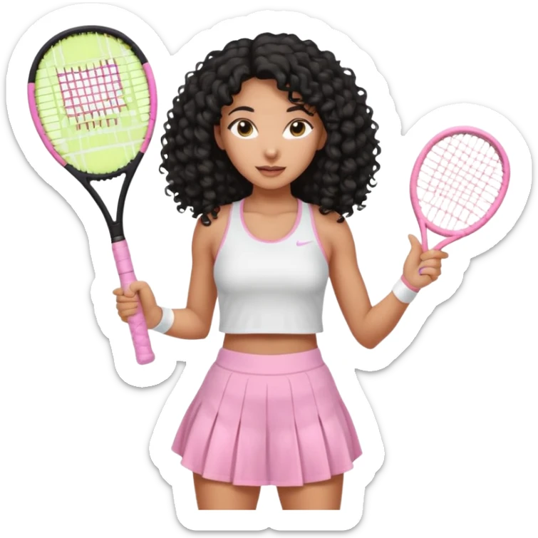 Mixed-race athletic woman with bronzed skin, long black curly hair, wearing pastel pink tennis skirt and white crop top, holding a racket sticker