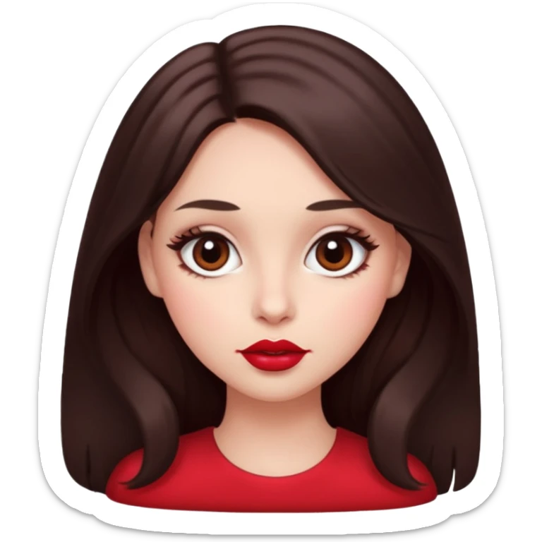 An featuring a woman with dark brown long hair, brown big eyes, light pinkish skin, red cheeks,  sticker