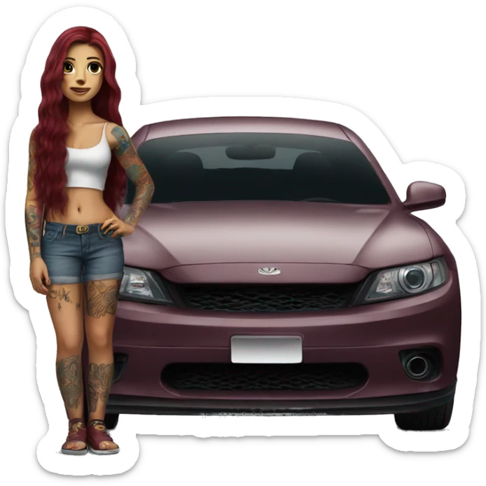 Beautiful tattooed burgundy long haired woman standing next to a car sticker