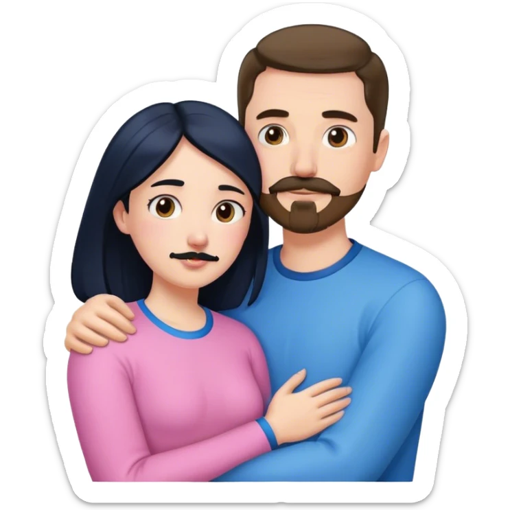 Tall white man with brown mustache goatee wearing blue AND a short pale woman with long black hair wearing pink, hugging sticker