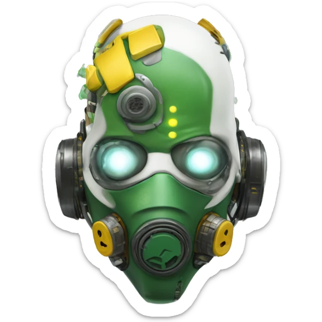 Green skin cyborg head with dark yellow Mohawk, white respirator mask and circuitry sticker