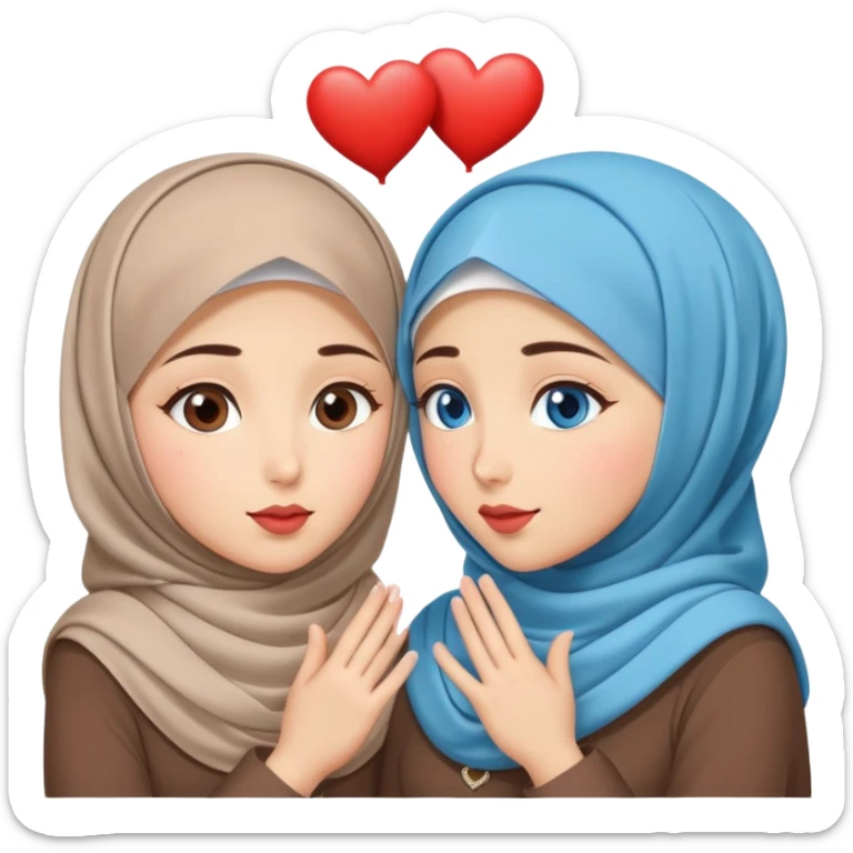 Two Turkish beautiful finish Konya friendly girls blue eyes with hijab and heart dress and Scattering kisses outside  sticker