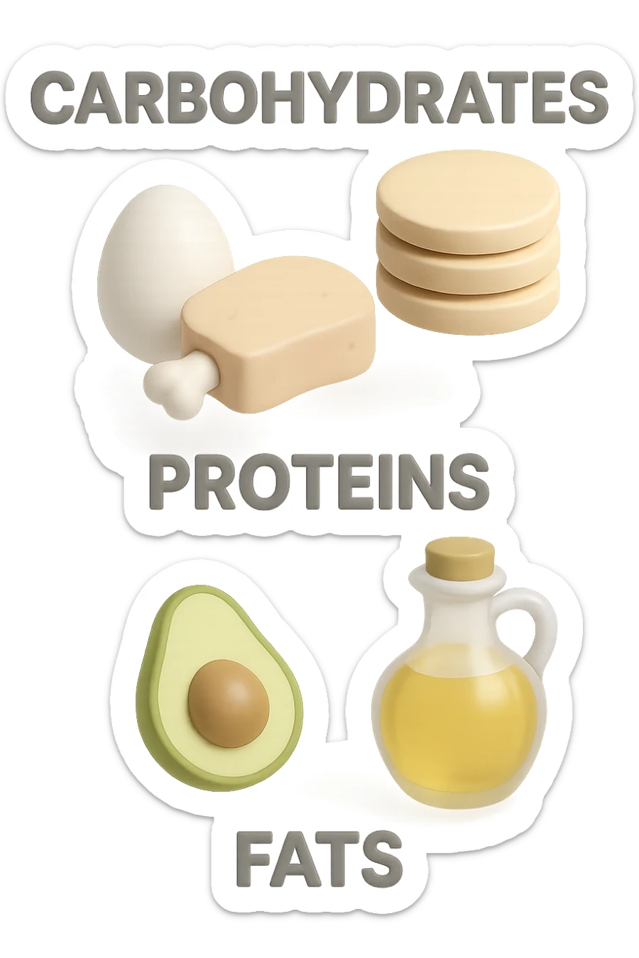 macros come carboidrati proteine e grassi, fluttuano in aria in 3d, sfondo bianco sticker
