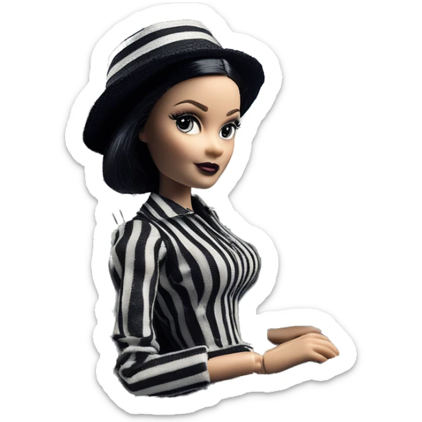 Bouclé Beauty Lingerie Barbie, Wednesday Addams from academy, in dark-gray and black striped outfit with hat. Driving 1965 Mercedes 190 sticker
