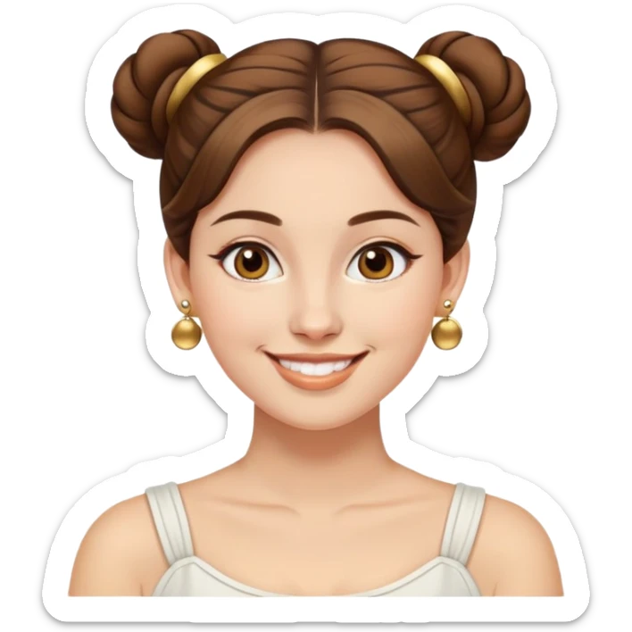 nữ 30 tuổi, da trắng,mặt tròn, tóc nâu búi cao 2 bên gọn gàng, đeo khuyên tai vàng. cười tươi sticker
