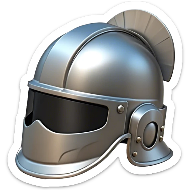Clash of Clans aesthetic: Cinematic Playful Steel Helm Emoji, rendered in a 3D vector-style similar to standard emojis with minimal shading and bold, simplified shapes. A compact, isometric helmet crafted of shining steel with intricate engravings and a protective visor, softly glowing with a noble warrior charm. Simplified yet unmistakably iconic, highly detailed and consistent, glowing with a soft radiant gleam and high polish. Stylized with a touch of chivalric tradition and a soft glowing outline, capturing the essence of a stalwart battle helm with a friendly, playful manner! sticker