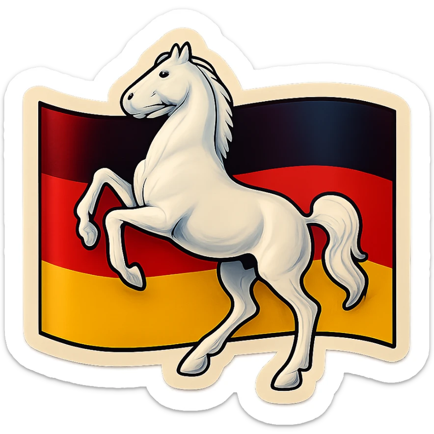 Niedersachsen white horse emoji, less cartoonish, with Niedersachsen flag as background, no text sticker