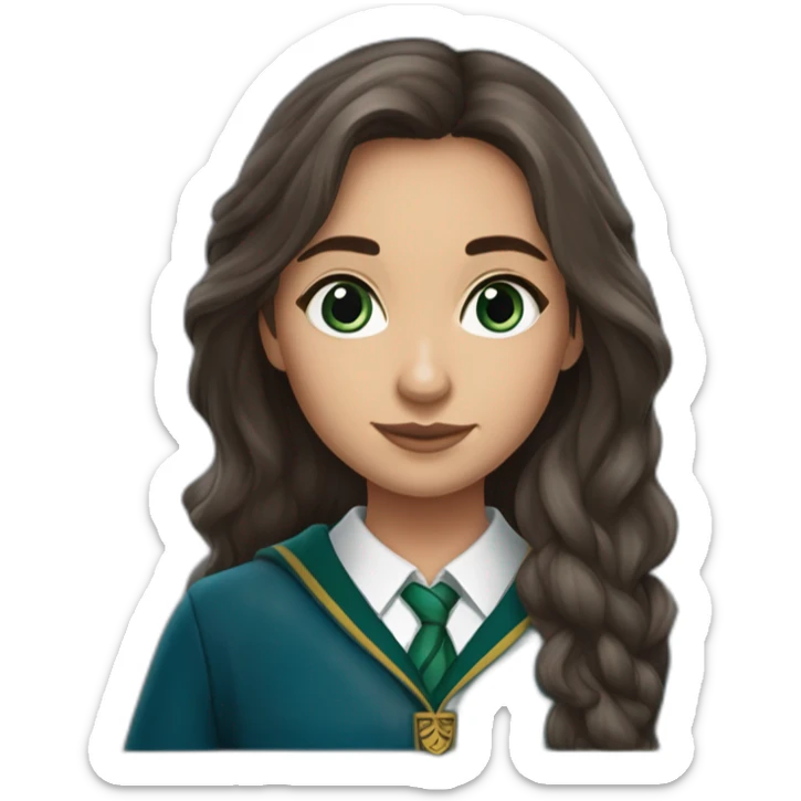 Fille brune cheveux long  aux yeux bleu clair  de peau avec une tenue de la maison serpentard dans Harry potter sticker