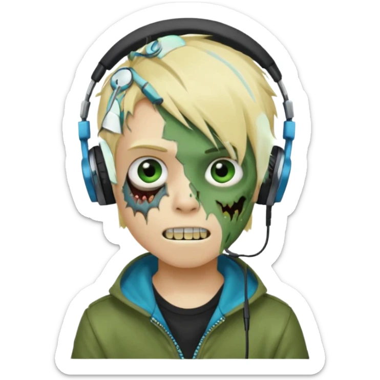 boy zombie whit blonde emo hair and eyes blue and GREEN SKIN and heandphones AND A MICROFONE AND GOLD TEETH  sticker