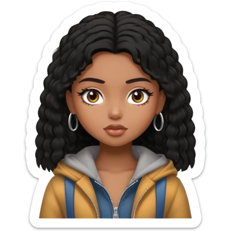 a pretty bratz dusky girl in a train with black shaggy hair sticker