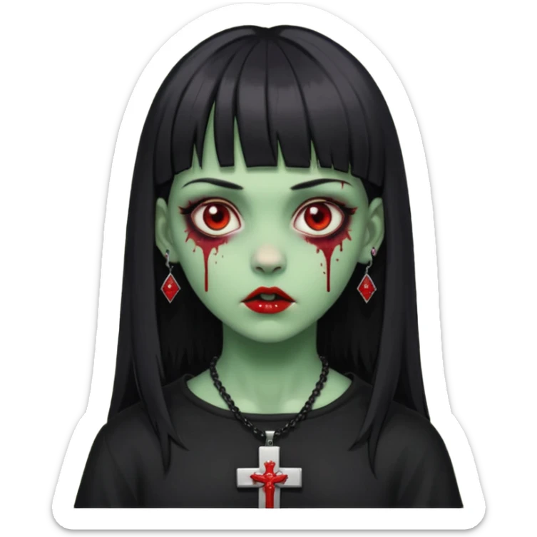 zumbi verde com olhos vermelhos sangrando e franja roupa preta e um crucifixo como colar, sem ser na testa e um piercing no nariz bem feminino a franja reta também  sticker