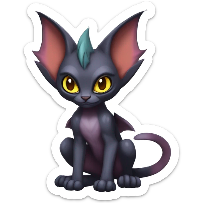 Black edgy Noivern-Litten-Sphynx-Lykoi-Caracal-cat-Fakemon with big bat ears full-body sticker