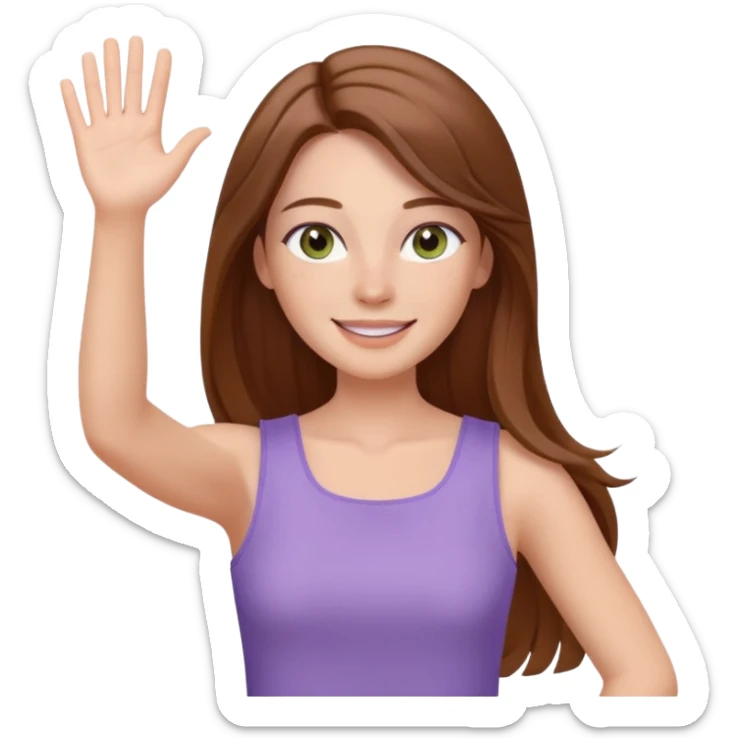 emoji of a confident woman named Freya McOmish, smiling, hazel green eyes, straight long hair with a middle part, subtle freckles, modern casual style, broad shoulders, wearing a lavender sleeveless deep square neck top, waving sticker