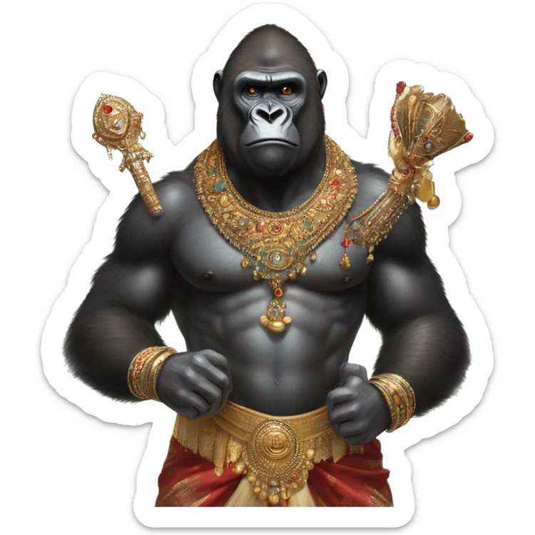 male gorilla with indian male jewellery and  indian traditional wear, holding a  huge weapon, humanoid, holding another  huge weapon  sticker