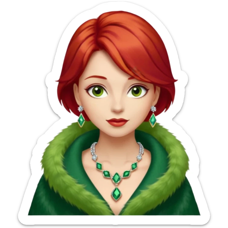 * Character: A stylish lady,red hair
* ﻿﻿Clothing: A luxurious green fur coat
* ﻿﻿Accessories: A dazzling diamond necklace
* ﻿﻿Expression: Confident, elegant, maybe slightly glamorous
* ﻿﻿Pose: Head slightly tilted or a poised posture
* ﻿﻿Style: Emoji-like, simple but expressive sticker