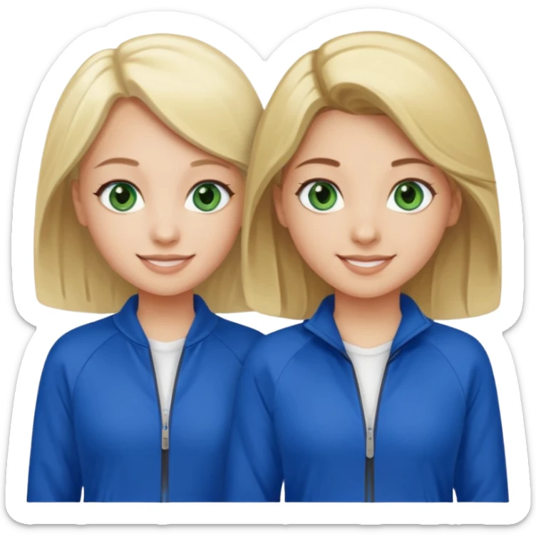 two girls smiling one has blond hair and green eyes and one is has dark brown hair and blue eyes they are wearing royal blue track suits sticker