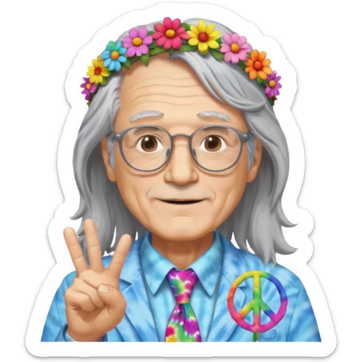 elderly man with long grey hair, glasses, peace sign necklace, tie-dye clothing, flower crown sticker