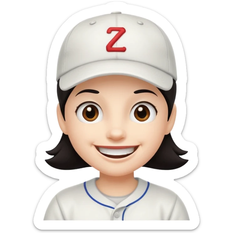Digital illustration of a cartoon character with a big smile on its face. The character has dark hair and is wearing a white baseball cap. The overall style of the illustration is cute and playful. sticker