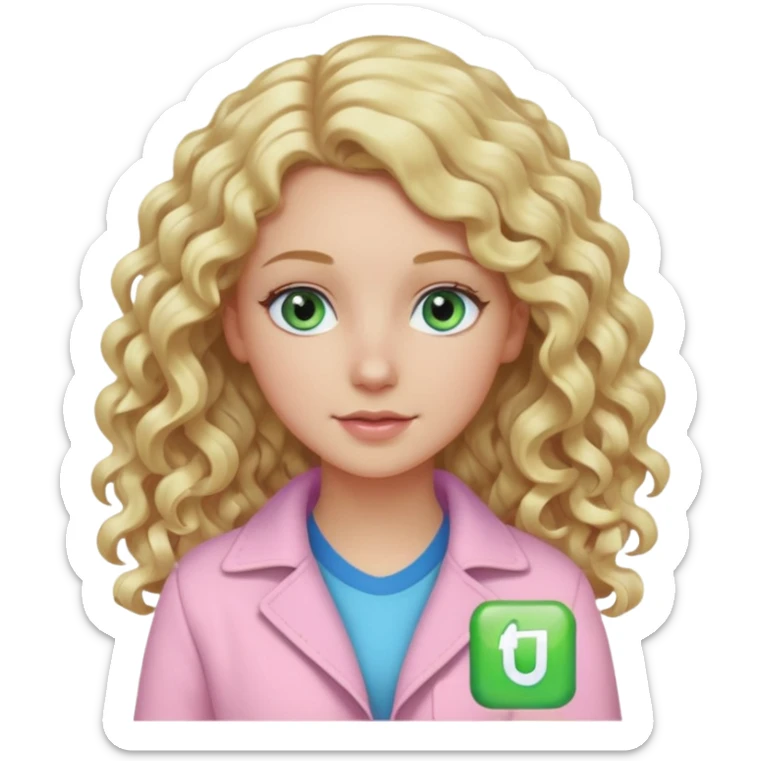 A white girl with long blonde curly hair and blue and green eyes wearing light pink sticker