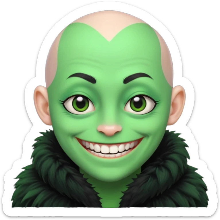 A bald person with bright green sclera and bright green teeth, grinning widely. Has fluffy black neck fur, with a fluffy black body sticker