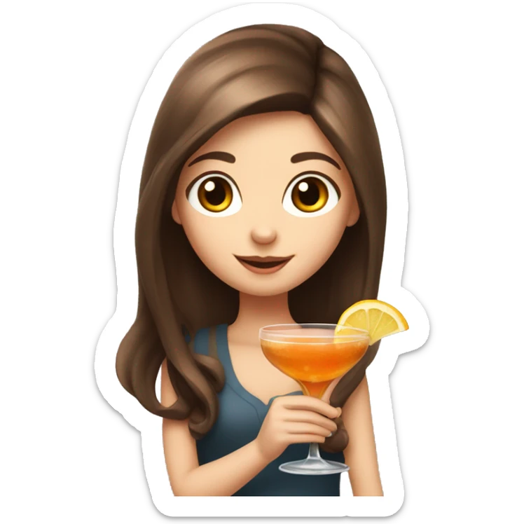 White cute girl with long brown hair holding a cocktail sticker