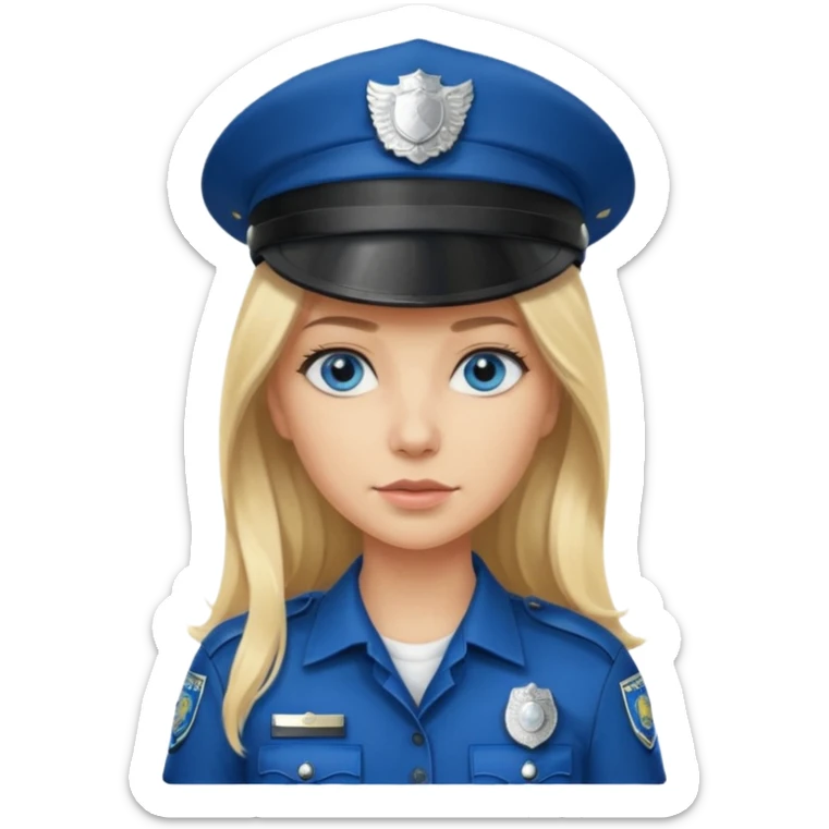 A blonde long hair woman wearing a dark police hat with a silver badge, looking straight ahead with a calm expression. sticker