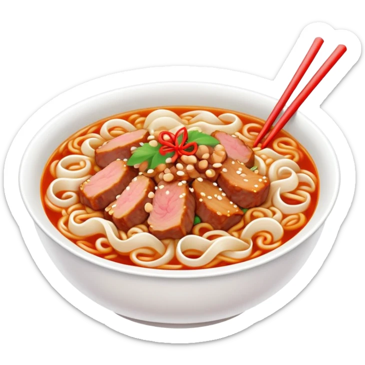 Fuzhou Lychee Pork Noodles with meat sauce and noodles, simplified emoji style with bold outlines and bright colors, cartoon style Fujian specialty Ban Mian sticker