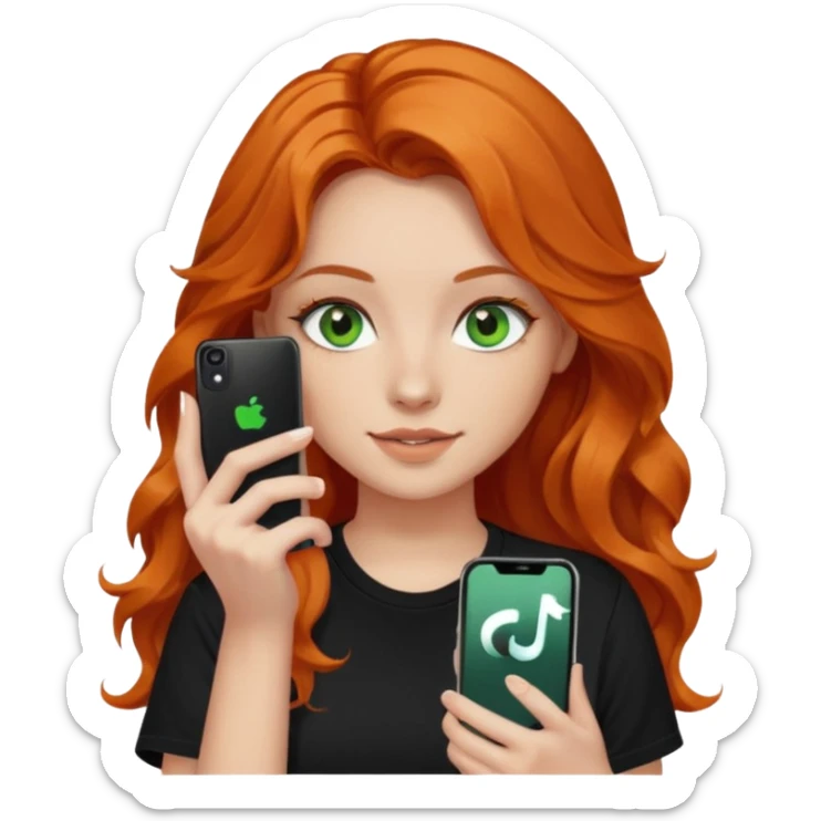 Girl with dark long orange wavy hair, green eyes, and black t-shirt and phone with tiktok app on hands sticker