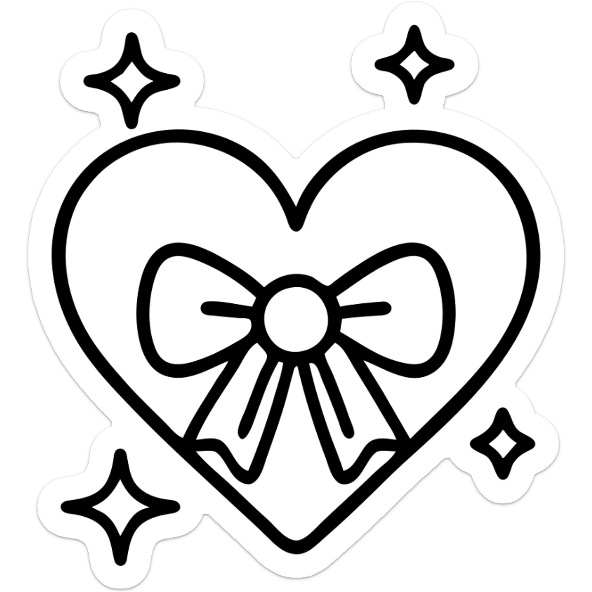 Add sparkles around the pink glittery heart with a pink bow, keeping the outlined icon style and transparent background. sticker
