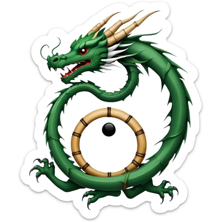 An icon symbolizing Eastern martial arts in the style of an emblem, with a black-and-white Yin-Yang symbol at the center. A dragon is placed on either side, representing strength and wisdom. The design includes bamboo and traditional elements. Transparent background sticker