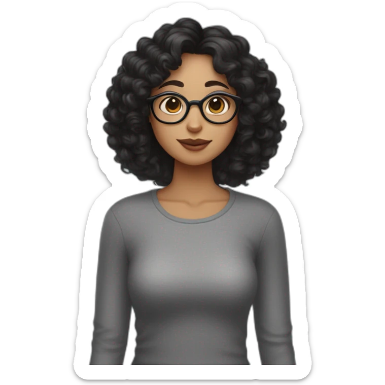 A curly woman with black hair and glasses, a big nose, eyebrows close to the eyes and a small sweet spot under the lips on the left side holds a gray cat sticker