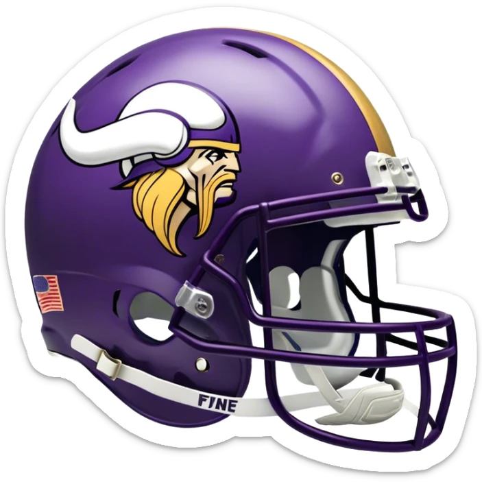 "Create an image of an American football helmet designed with the colors of the Minnesota Vikings. The helmet should feature a dark purple base (#4F2683) with gold accents (#FFC62F). Include the team's logo on the side of the helmet." sticker