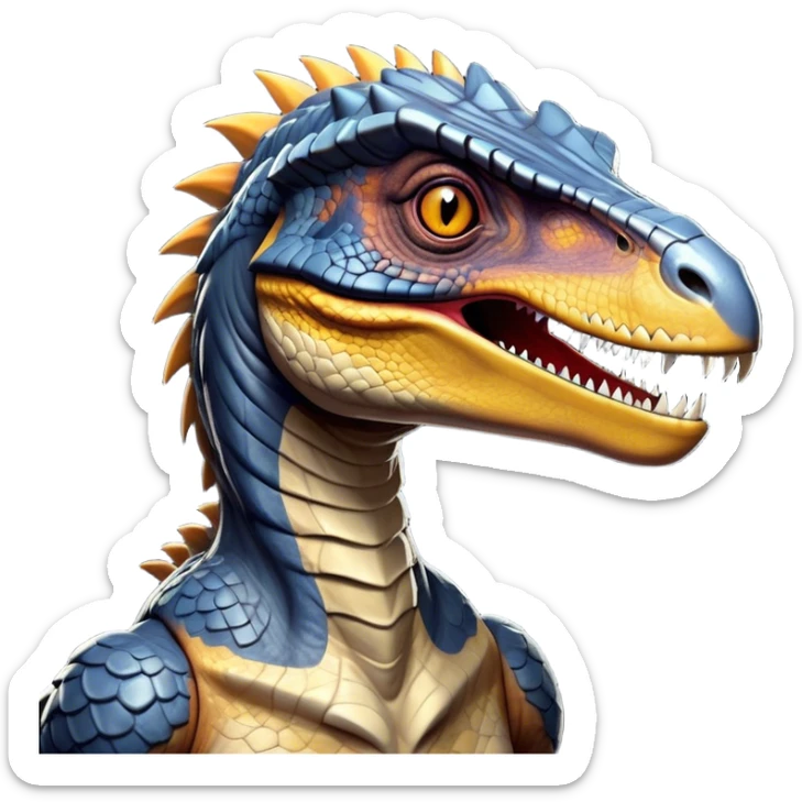 Cinematic Noble jurassic park Velociraptor Portrait Emoji, Poised and menacing, with a sleek, muscular build clad in dark, scaly skin reminiscent of jurassic park Park’s iconic raptor, a sharply curved snout and piercing, intelligent eyes that exude predatory cunning, Simplified yet boldly defined features, highly detailed, glowing with a cool, ominous radiance, high shine, intelligent and relentless, stylized with an air of cinematic prehistoric authority, focused and alert, soft glowing outline, capturing the essence of a watchful and confident jurassic park Velociraptor that appears ready to dash out of the screen with effortless power! sticker