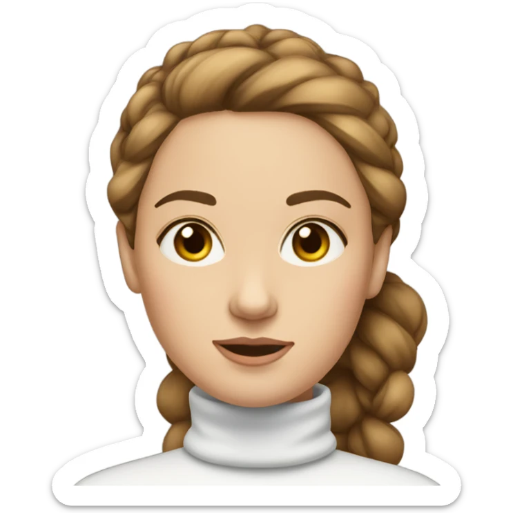 White woman with brown hair in bun wearing a turtleneck that is white sticker