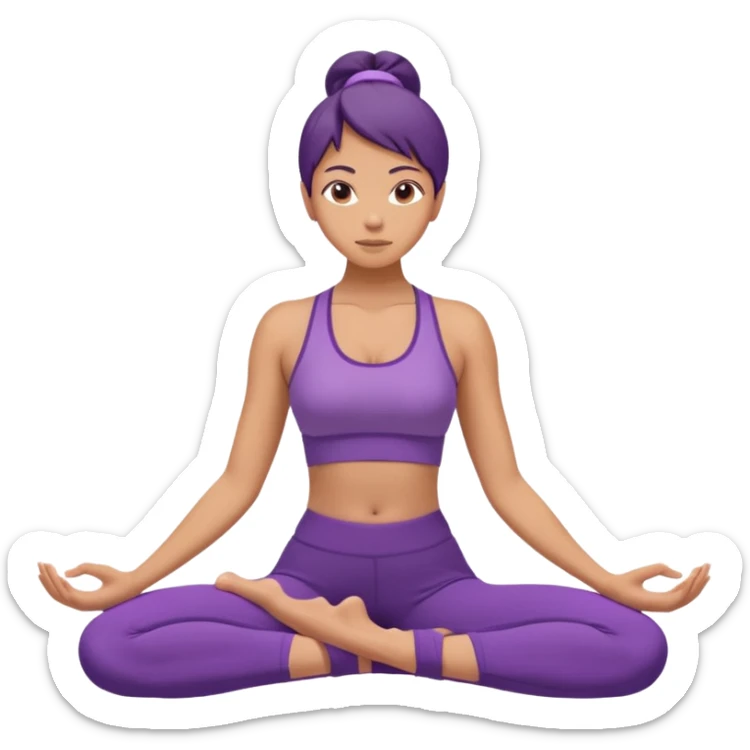 	A woman in purple yoga clothes sitting and bending forward to reach her toes, calm meditation vibe, simple white background. sticker