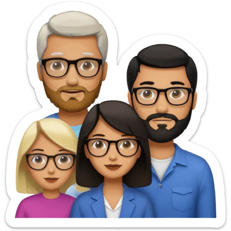 A man with hair and glasses and  a woman with long brown hair and a man with a beard and a woman with a blonde bob sticker